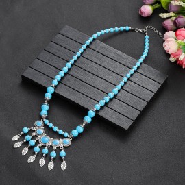 Bohemian Blue Stone Leaf Tassel Necklace Women's Silver Color Geometric Pendant Necklace Ethnic Indian Jewelry Female
