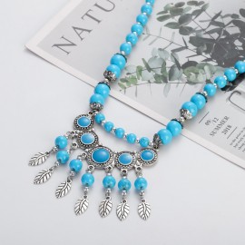 Bohemian Blue Stone Leaf Tassel Necklace Women's Silver Color Geometric Pendant Necklace Ethnic Indian Jewelry Female