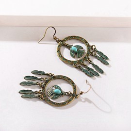 Bohemian Ethnic Earrings For Women Vintage Carved Alloy Turquoises Leaf Carved Long Dangle Earrings Indian Jewelry