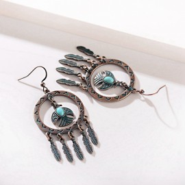 Bohemian Ethnic Earrings For Women Vintage Carved Alloy Turquoises Leaf Carved Long Dangle Earrings Indian Jewelry