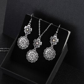 Bohemian Retro Silver Color Flower Pendant Earring Set Women's Vintage Long Chain Necklace 2023 New Ethnic Jewelry Femme