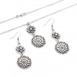 Bohemian Retro Silver Color Flower Pendant Earring Set Women's Vintage Long Chain Necklace 2023 New Ethnic Jewelry Femme