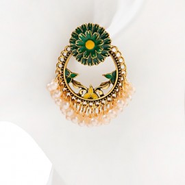 Boho Women's Green Flower Indian Jhumka Earrings Ethnic Retro Pearl Beads Bollywood Oxidized Tibetan Earrings Oorbellen