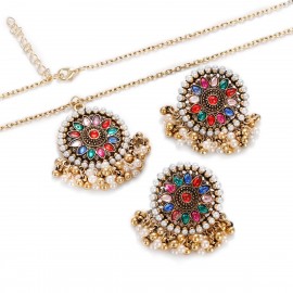 Classic CZ Corful Flower Jewelry Set Earring/Necklace Ethnic Pearl Wedding Jewelry Hangers Ethnic Carved Jhumka Earrings