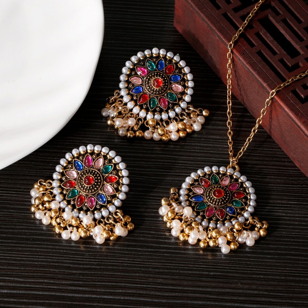 Classic CZ Corful Flower Jewelry Set Earring/Necklace Ethnic Pearl Wedding Jewelry Hangers Ethnic Carved Jhumka Earrings