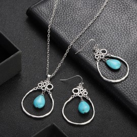 Classic Ethnic Silver Color Water Drop Jewelry Sets Ladies Bohemia Colorful Flowers Pendant Necklace Earring Woman Jewelry Gift