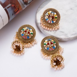 Classic Round Flower India Earring/Ring Set Women's Wedding Jewelry Hangers Pearl Beads Jhumka Earrings Hangers