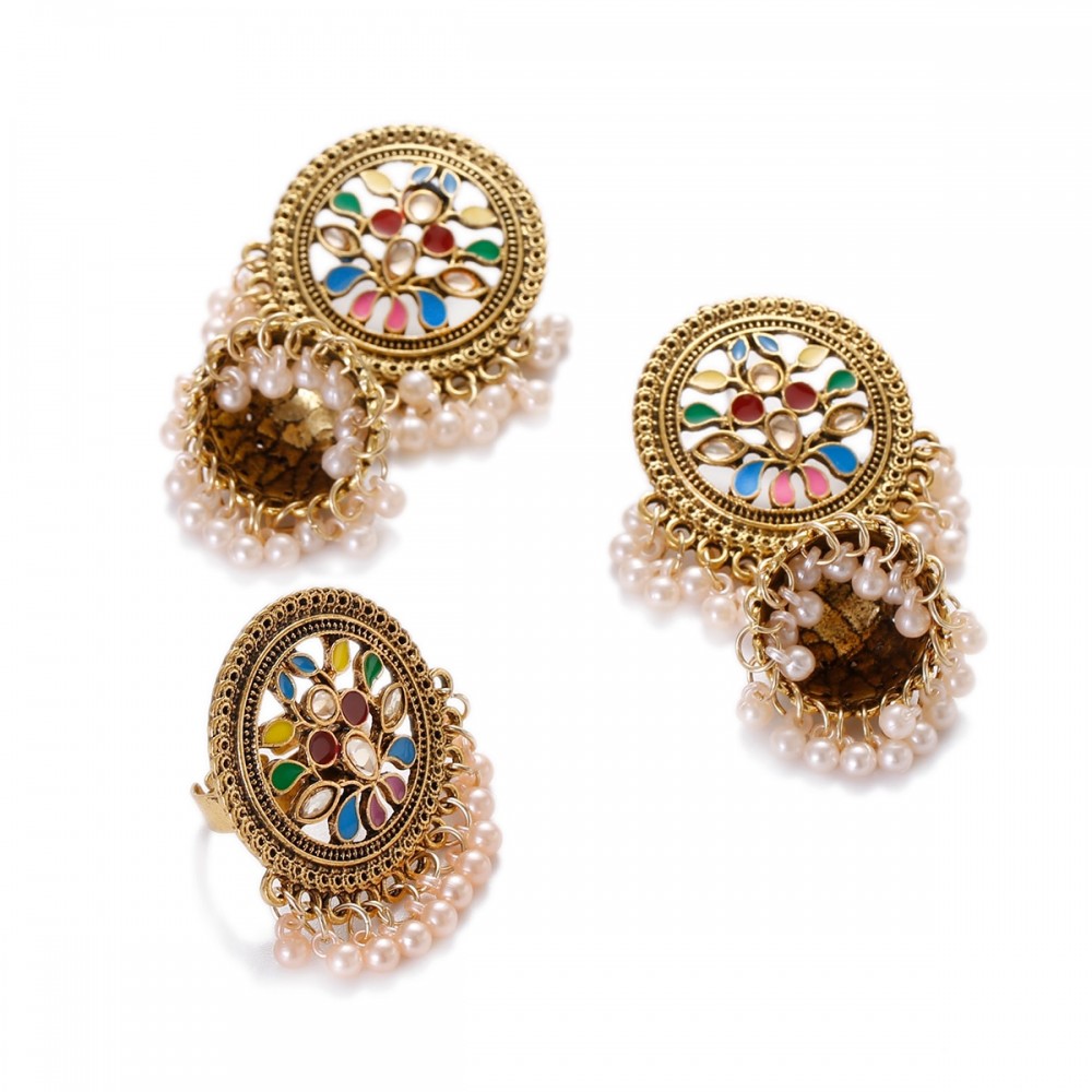 Classic Round Flower India Earring/Ring Set Women's Wedding Jewelry Hangers Pearl Beads Jhumka Earrings Hangers