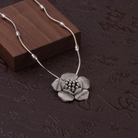 Crescent Shape Vintage Ethnic Tibetan Silver Color Bohemian Carved Flowers Pendants Necklaces For Women Statement Jewelry