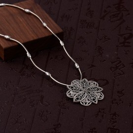 Crescent Shape Vintage Ethnic Tibetan Silver Color Bohemian Carved Flowers Pendants Necklaces For Women Statement Jewelry
