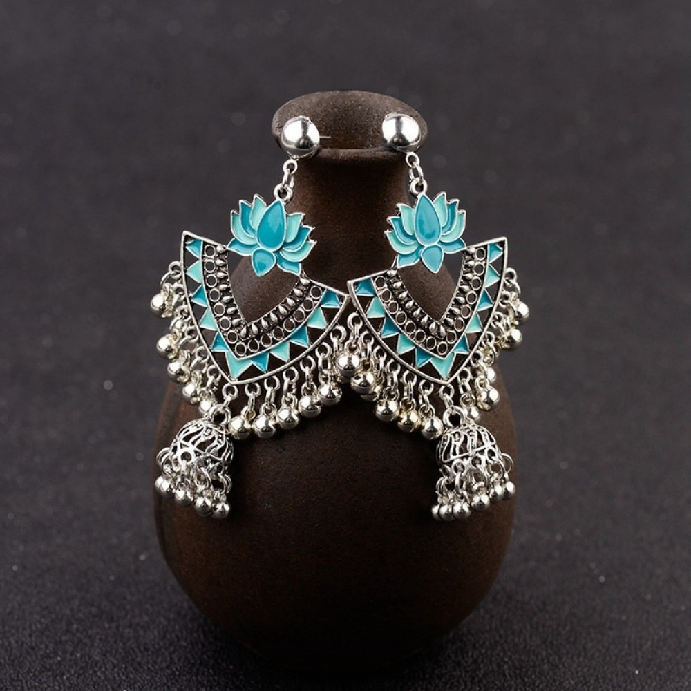 Egypt Vintage Green Lotus Jhumka Bells Tassel Earrings For Women Turkish Tribal Gypsy Triangle Indian Jewelry HXE068