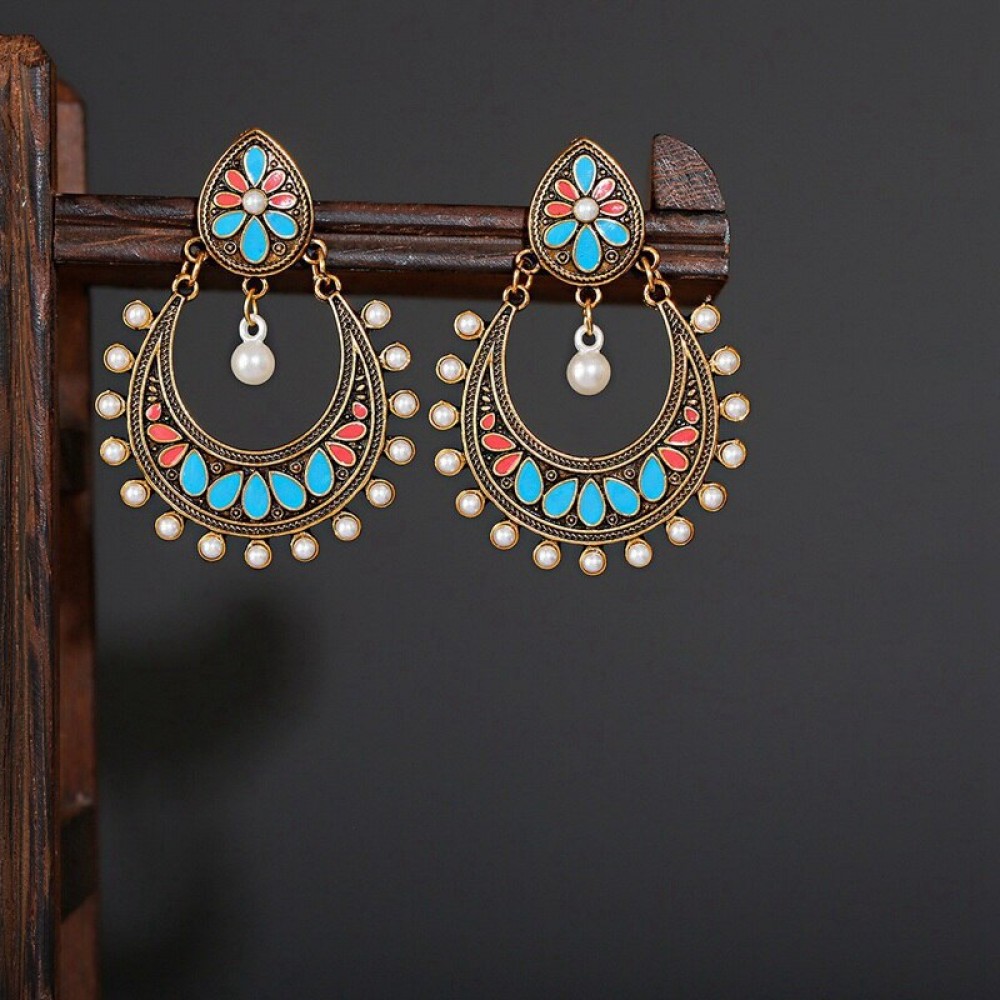 Ethnic Big Flower Water Drop Indian Earrings Pendient Women's Bohemian Retro Gold Color Pearl Beads Earrings Oorbellen