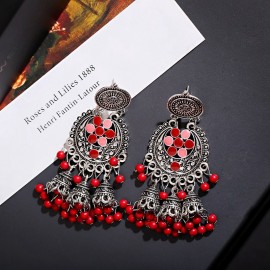 Ethnic Big Red Dangle Earrings Women Jhumka Indian Earrings Vintage Flower Drop Earring Beads Tassel Palace Orecchini Donna