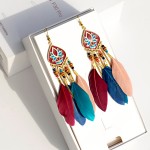 Ethnic Bohemia Boho Women Colorful Long Feather Dangle Earrings Charm Vintage Lotus Metal Tassel Statement Tribe Indian Earring