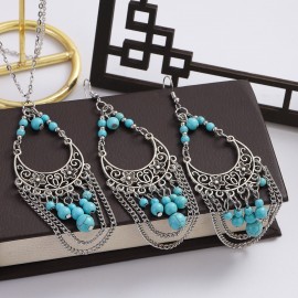 Ethnic Boho Blue Stone Tassel Jewelry Set Charm Ladies Vintage Jewelry Silver Color Hollow Flower Chain Necklace Earrings Sets