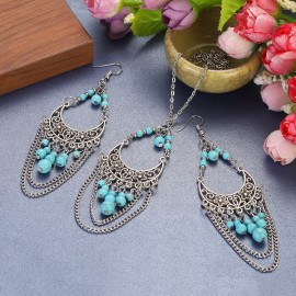 Ethnic Boho Blue Stone Tassel Jewelry Set Charm Ladies Vintage Jewelry Silver Color Hollow Flower Chain Necklace Earrings Sets