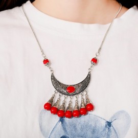 Ethnic Boho Bohemian Necklace For Women Choker Jewelry Vintage Red Stone Beads Charm Silver Color Alloy Antique Jewelry