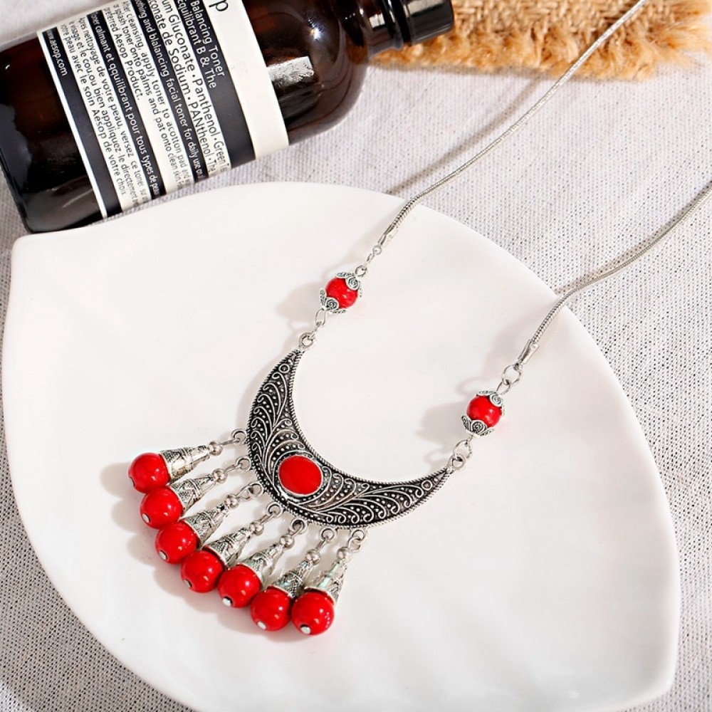 Ethnic Boho Bohemian Necklace For Women Choker Jewelry Vintage Red Stone Beads Charm Silver Color Alloy Antique Jewelry