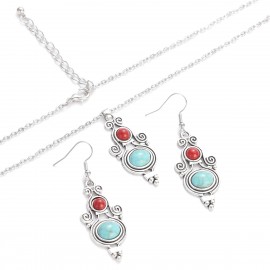 Ethnic Boho Red Blue Stone Pendant Necklace Earring Set Women Girls Silver Color Geometric Jewelry Sets Vintage Indian Jewellery