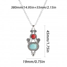 Ethnic Boho Red Blue Stone Pendant Necklace Earring Set Women Girls Silver Color Geometric Jewelry Sets Vintage Indian Jewellery