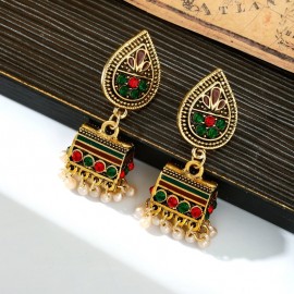 Ethnic Corful Crystal Beads Tassel Indian Jhumka Earrings For Women Vintage Gold Color Alloy Bohemian Flower Drop Earrings
