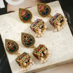 Ethnic Corful Crystal Beads Tassel Indian Jhumka Earrings For Women Vintage Gold Color Alloy Bohemian Flower Drop Earrings