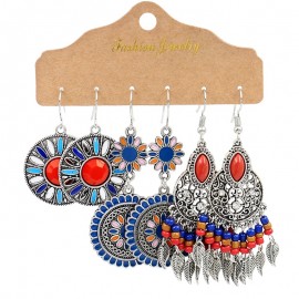 Ethnic Corful Flower Drop Earrings Set Fashion Summer Red Stone Tassel Earrings For Women Boho Earrings