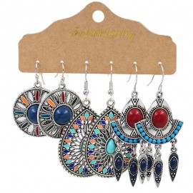 Ethnic Corful Flower Drop Earrings Set Fashion Summer Red Stone Tassel Earrings For Women Boho Earrings