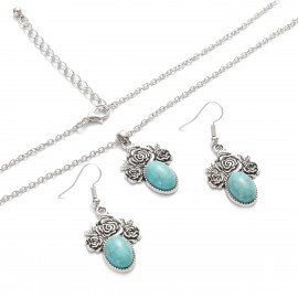 Ethnic Geometry Silver Color Turquoises Earring/Necklace Set Hangers Bijoux Wedding Jewelry Earrings For Women