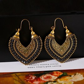 Ethnic Gold Color Heart Dangle Earrings For Women Gypsy White Line Flower Carved Earrings Vintage Statement Earrings