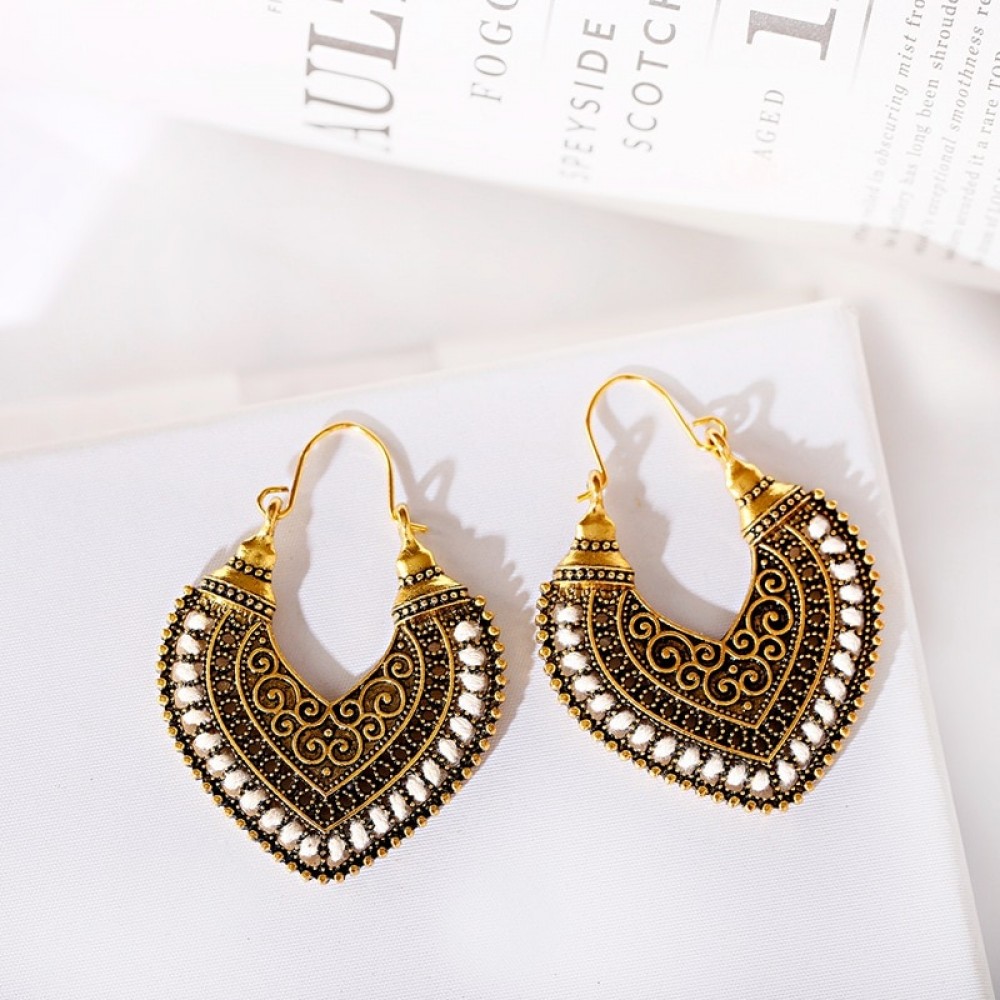 Ethnic Gold Color Heart Dangle Earrings For Women Gypsy White Line Flower Carved Earrings Vintage Statement Earrings