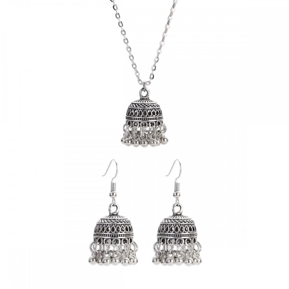 Ethnic Indian Wedding Jewelry Set for Bride Silver Color Carved Bells Necklace&Earring Vintage Dangle Earrings Gifts