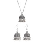 Ethnic Indian Wedding Jewelry Set for Bride Silver Color Carved Bells Necklace&Earring Vintage Dangle Earrings Gifts