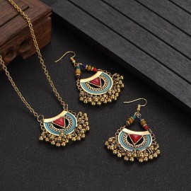 Ethnic Red Stone Necklace Earrings Set Women's Gold Color Neck Chain 2023 Trend Vintage Tassel Necklace Jewelry Gift Female