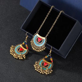 Ethnic Red Stone Necklace Earrings Set Women's Gold Color Neck Chain 2023 Trend Vintage Tassel Necklace Jewelry Gift Female