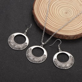 Ethnic Silver Color Butterfly Jewelry Set Women's Retro Hollow Geometric Alloy Earring/Necklace Set