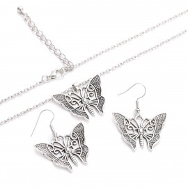 Ethnic Silver Color Butterfly Jewelry Set Women's Retro Hollow Geometric Alloy Earring/Necklace Set