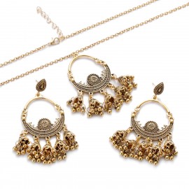 Ethnic Silver Color Carved Earring/Necklace Set For Women Bijoux Wedding Jewelry Hangers Jhumka Earrings