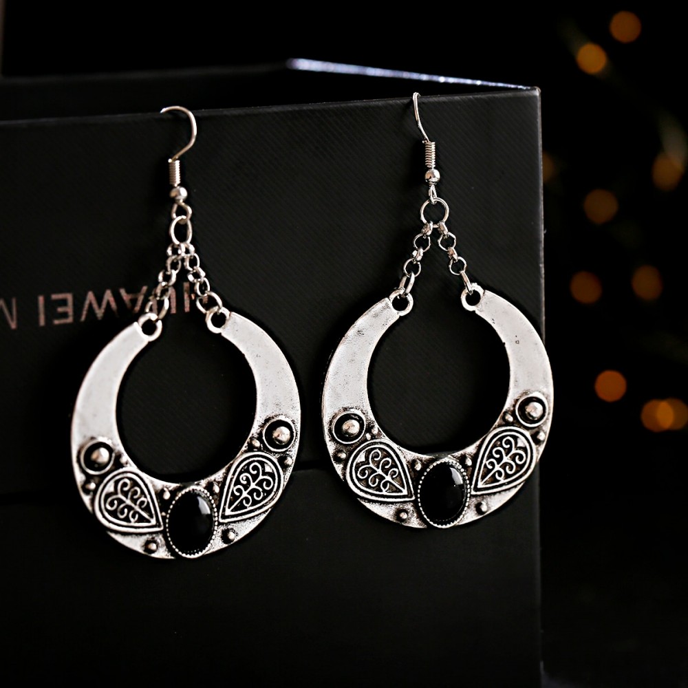 Ethnic Silver Color Carved Indian Earring For Women Pendient Boho Turquoises Jhumka Earrings Ladies Jewelry