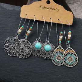 Ethnic Silver Color Earrings Set Summer Vintage Blue Stone Beads Tassel Earrings For Women Boho Earrings