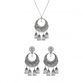 Ethnic Silver Color Jewelry Set for Women Vintage Flower Carved Bells Charm Pendants Necklaces Earrings Set Valentine Day Gift