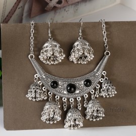 Ethnic Silver Color Necklace/Earrings Set Tibetan India Jewelry Femme Women's Turquoises Vintage Necklace Gifts