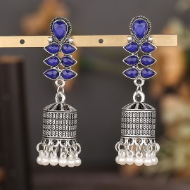 Ethnic Vintage Blue CZ Dangle Earrings Women Pendient Rerto Gyspy Silver Color Bell Tassel Earring Jewelry Oorbellen Hangers