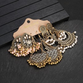 Ethnic Vintage Flower Tassel Earrings Set for Women Luxury Zircon Pearl Geometric Drop Earring Jewelry Boho Wedding Earrings