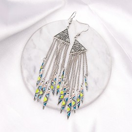 Ethnic Women's Geometric Alloy Long Chain Tassel Dangle Earrings Bohemia Triangle Alloy Drop Earrings Jhumka