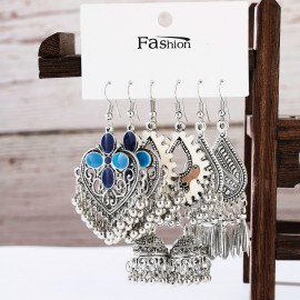 Ethnic Women's Silver Color Earrings Set Brincos Bohemian Vintage Jewelry Flower Dripping Oil Geometric Earrings
