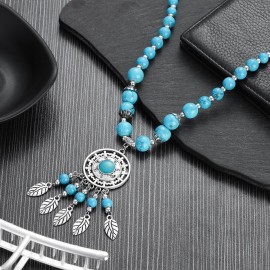 Fashion Bohemian Ethnic Jewelry Women's Retro Blue Turquoises Geometric Round Tassel Necklaces for Women Boho Necklace