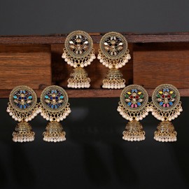 Flower Indian Jhumka Earrings For Women Bohemian Retro Gold Color Bell Pearl Beads Tibetan Earrings Oorbellen