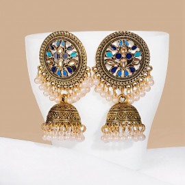 Flower Indian Jhumka Earrings For Women Bohemian Retro Gold Color Bell Pearl Beads Tibetan Earrings Oorbellen