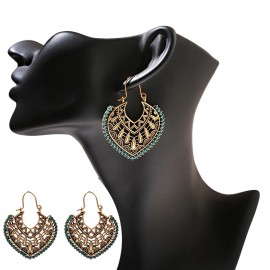 Gypsy Bohemian Women's Green Silk Hollow Water Drop Jhumka Earrings Handmade Ethnic Gold Color Alloy Drop Earring